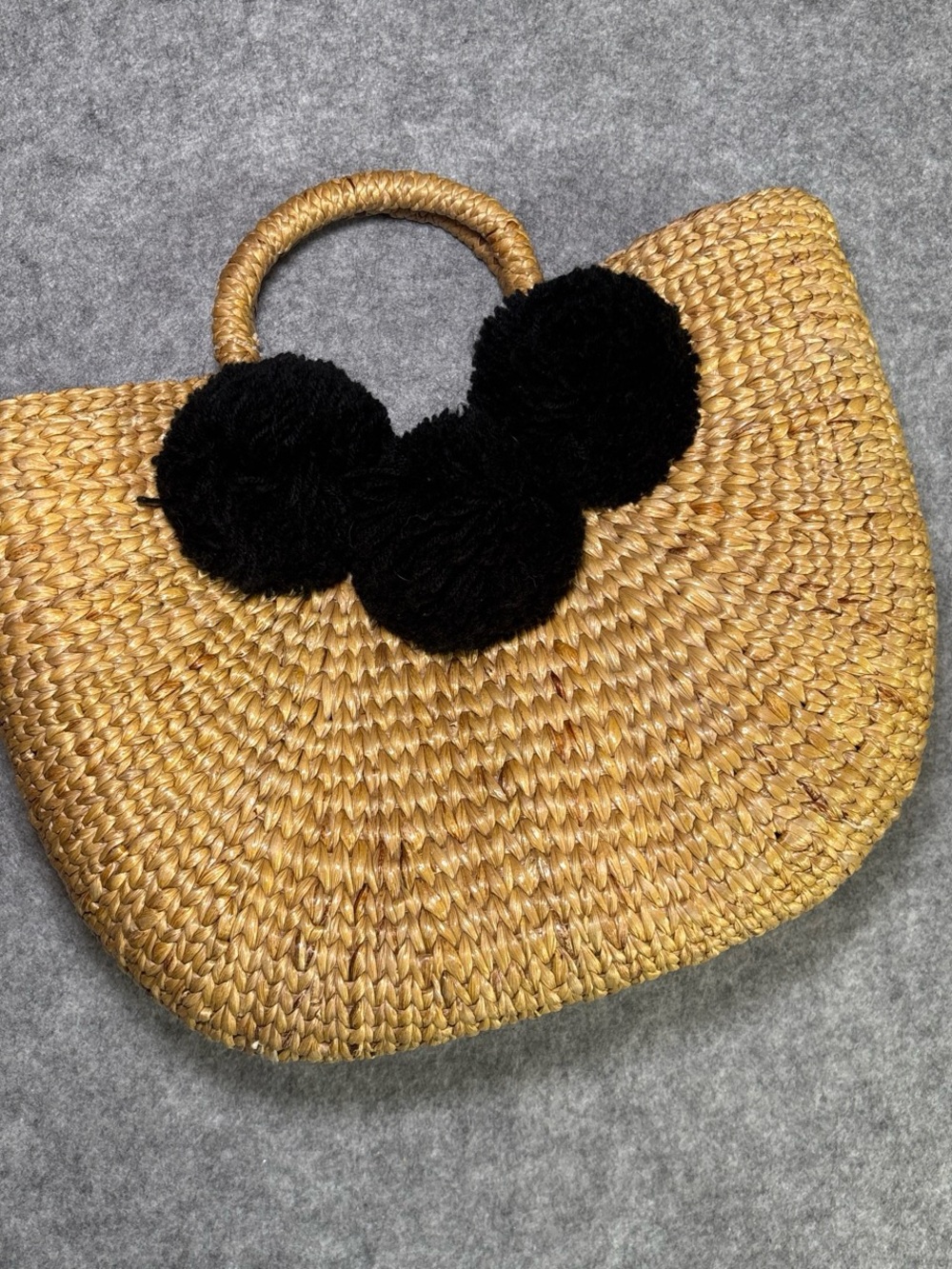 Natural Straw Tote with Black Pom-Pom Accent